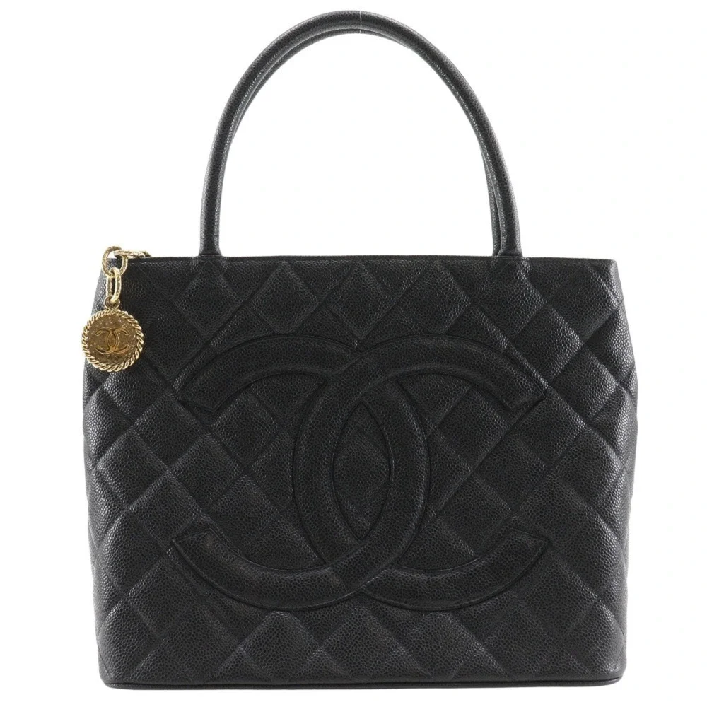 CHANEL Black Caviar Leather Logo Tote Bag